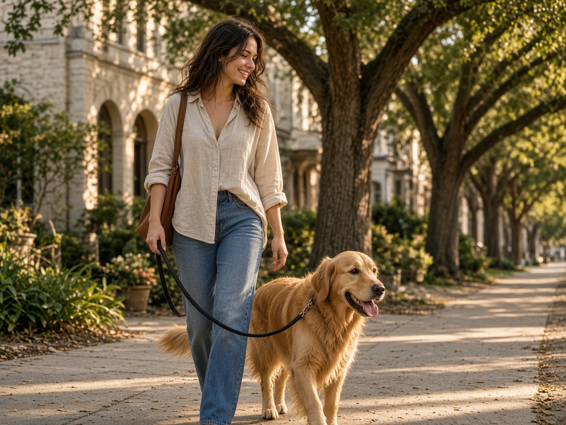 A caregiver walking a dog along a tree-lined San Antonio sidewalk.