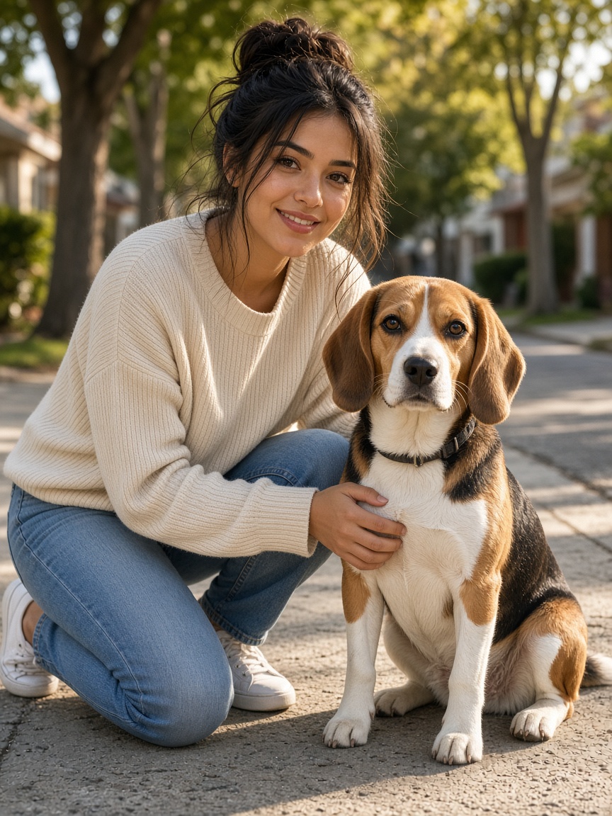 Maya Rodriguez with a Beagle.