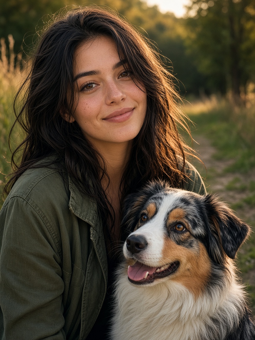 Sofia Martinez with an Australian Shepherd.